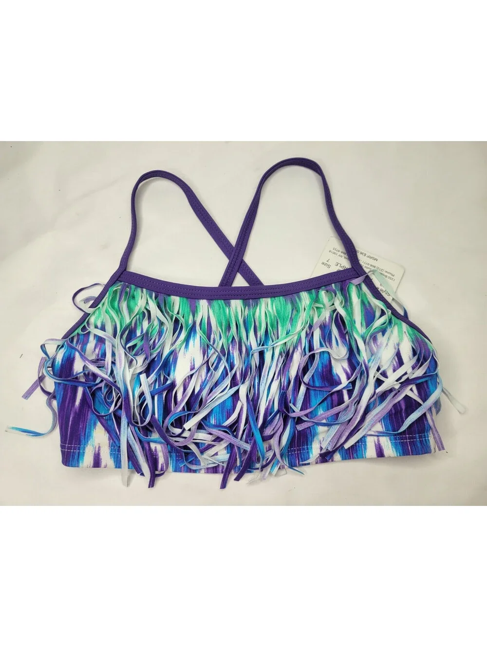 Kanu Surf Bikini Swimsuit Top Tie Dye Purple/Blue Fringed Girls Size 7  **READ**